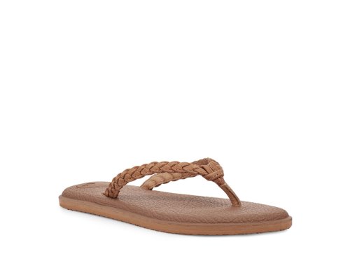 Sanuk Womens Yoga Braid Leather Brown Flip Flops | EKMUYA594